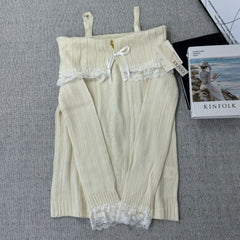 Lace trimmed one-shoulder sweater