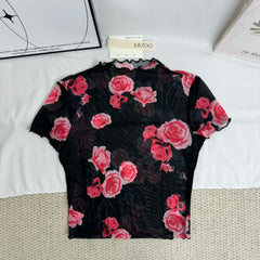 Mesh T-Shirt with Floral Print and Short Sleeves