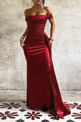 Off Shoulder Ruched Cinch Waist Bodycon Satin Slit Gowns Maxi Dresses-Red