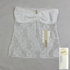 Lace strapless lace-up top with ruffled neckline
