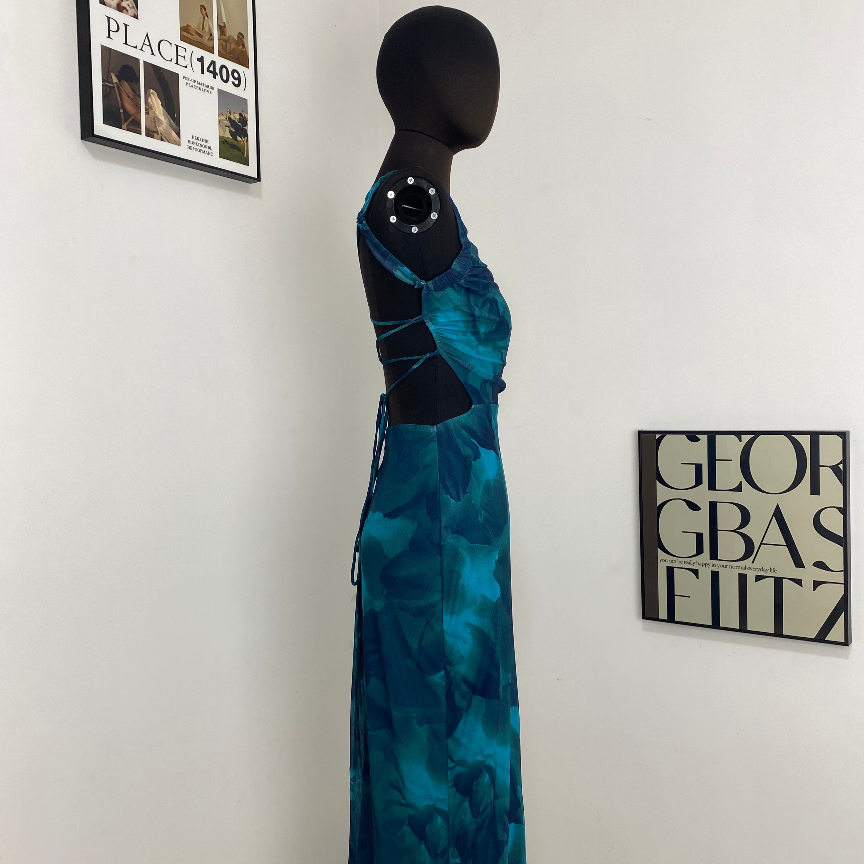 Sleeveless Boat Neck Printed Slit Dress