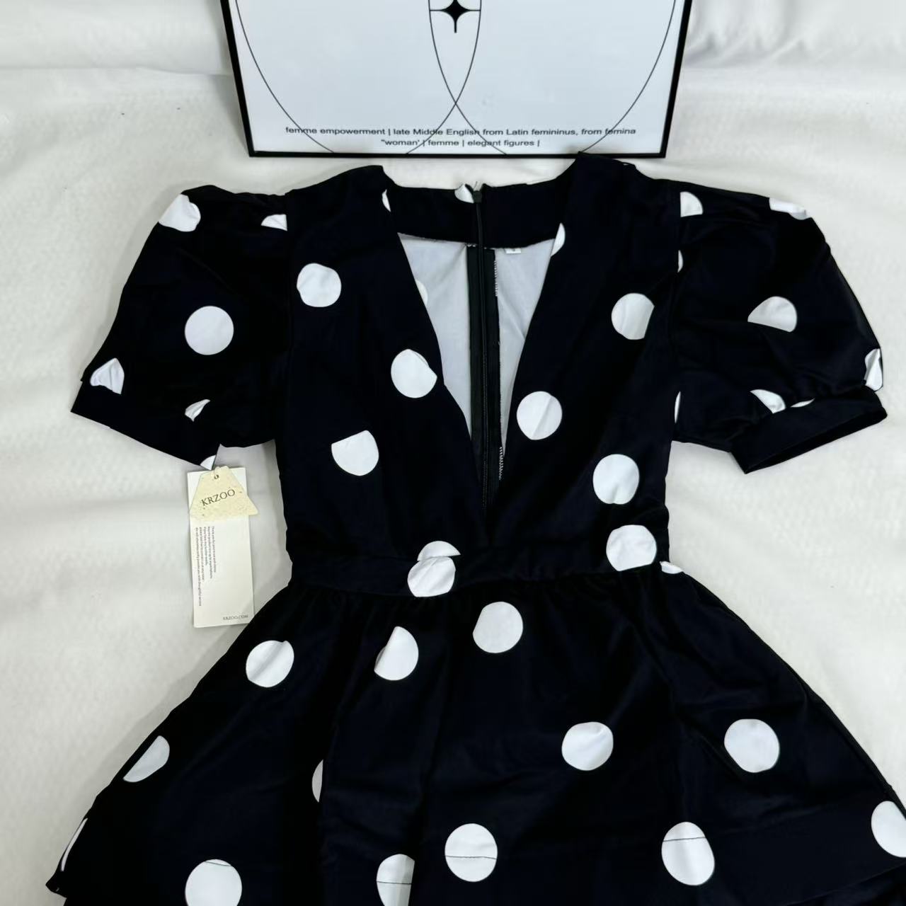 Printed Deep-V Polka-Dot A-Line Dress