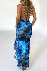 Deep V Halter Neck Tropical Floral Print Maxi Dress