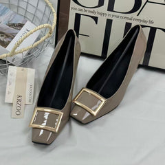 Metal square fastener painted leather square-toe shoes