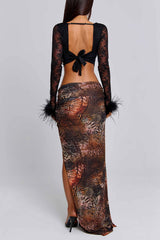 Feather Cuff Crop Top Print Asymmetric Maxi Skirt 2pcs Set-Black Pre Order