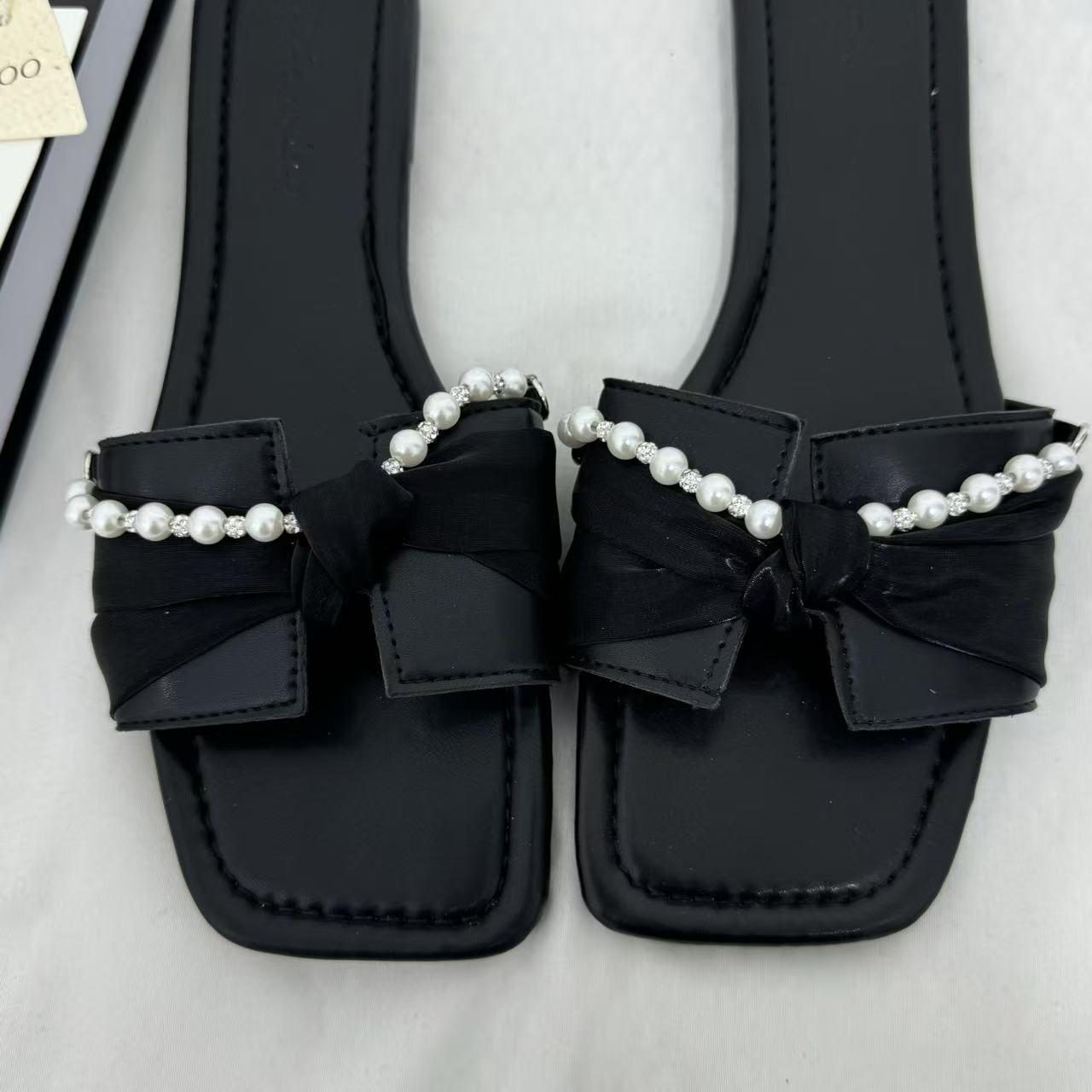 Black Bow-Detail Flat Slides