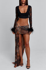 Feather Cuff Crop Top Print Asymmetric Maxi Skirt 2pcs Set-Black Pre Order