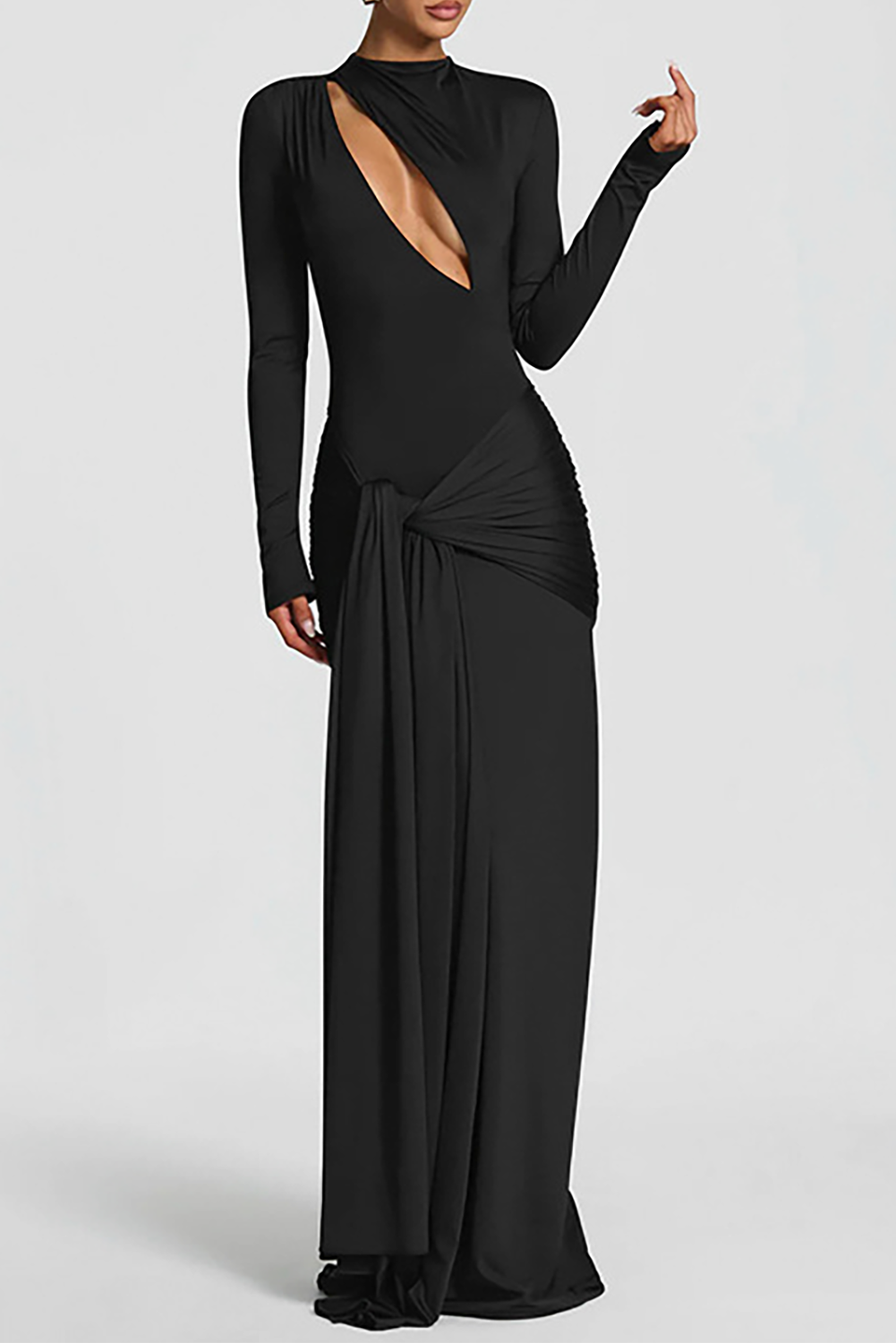 Cutout Round Neck Long Sleeve Ruched Long Streamer Slim Fit Maxi Dresses-Purple