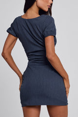 Deep V Neck Zip Up Ruched Slim Fit Party Mini Dresses-Navy Pre Order