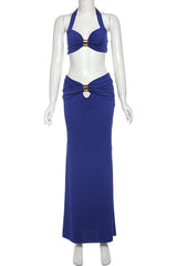 Metal Decor Halter Tube Bra Top Bodycon Maxi Skirt Party 2pcs Set-Blue