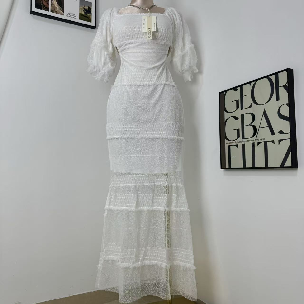 White Lantern Sleeve Suspender Dress