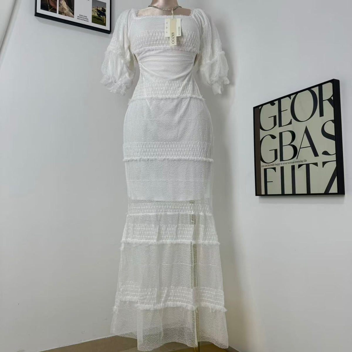 White Lantern Sleeve Suspender Dress