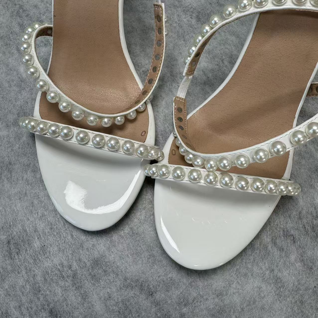 Open-toe rhinestone pearl high heels