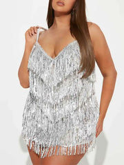 V-neck Strappy Side-zip Mini Silver Fringe Sequin Dress