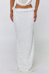Cowl Neck Top Feather Sequin Maxi Skirt Party 2pcs Set-White Pre Order
