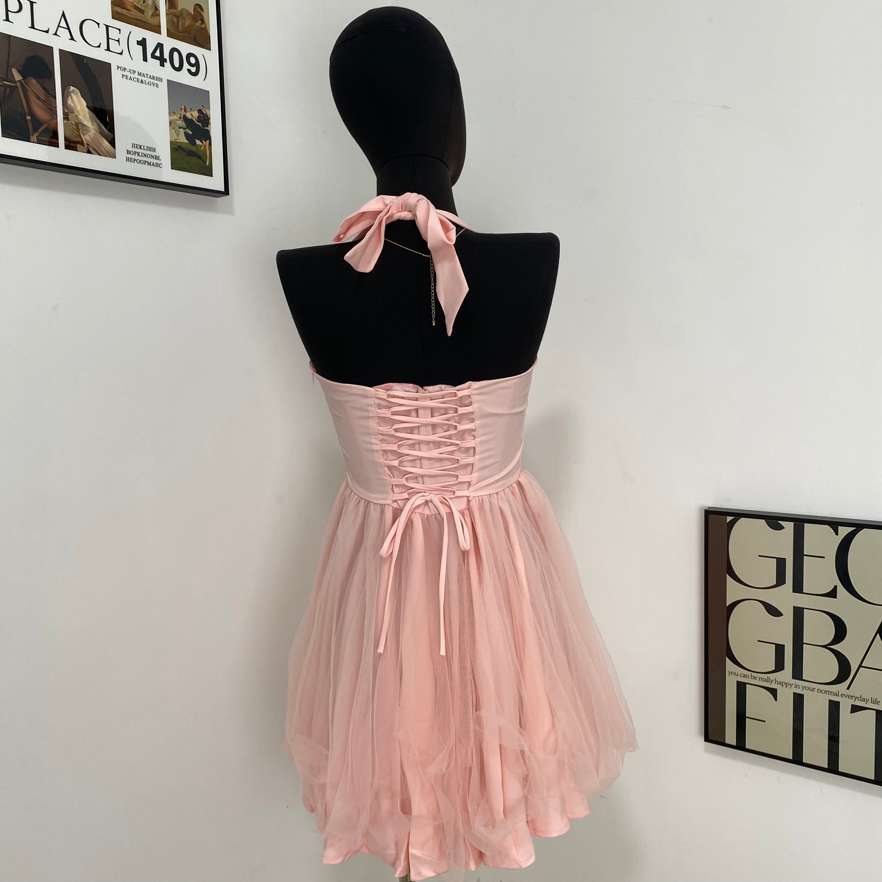 Sweet Herringbone Halterneck Dress