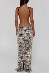 Sequin Tiger Print Keyhole Neck Cutout Party Maxi Dresses-Beige Pre Order