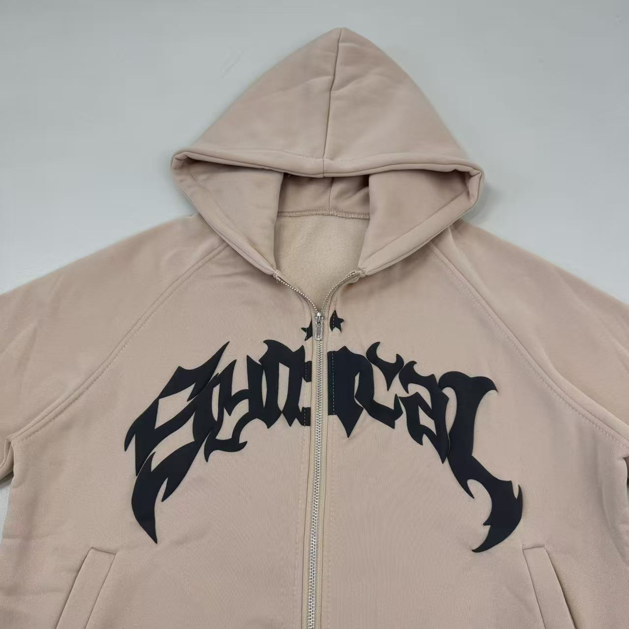Zipper-letter star print hooded coat