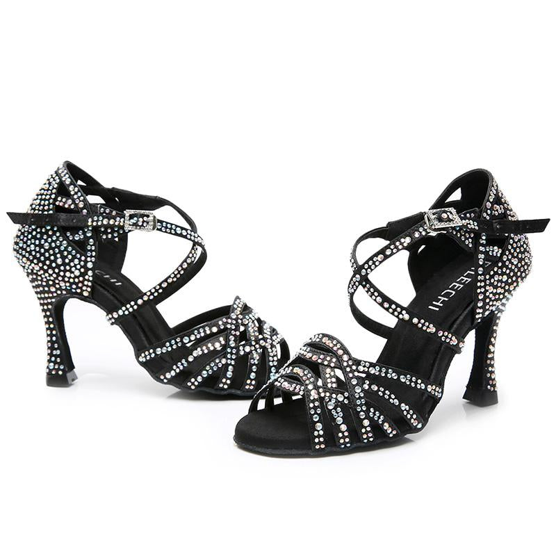 Women's Black Customized Heel Satin Rhinestones Strappy Dance Shoes