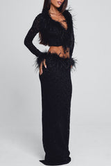 V Neck Crop Top Feather Trim Maxi Skirt Velvet 2pcs Set-Black Pre Order