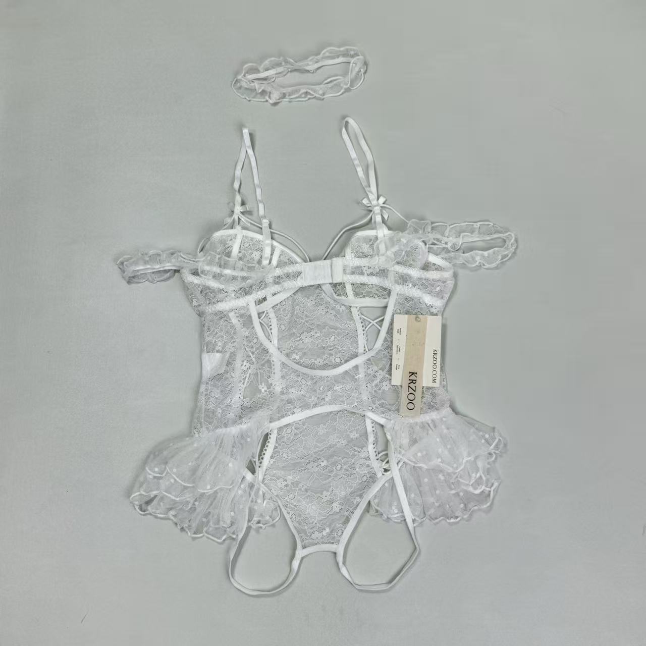 Backless and low-cut one-piece net-sheer uniform set