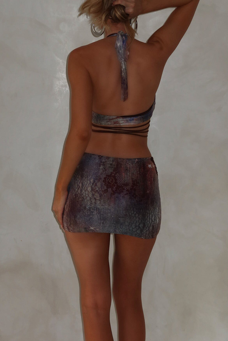 Starry Sky Pattern Halter Crop Top Mini Skirt 2pcs Set Purple