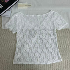 Slim-Fit V-Neck Lace Short-Sleeved Top