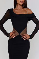 Asymmetric Cami Long Sleeve Fishnet Patchwork Maxi Dresses-Black Pre Order