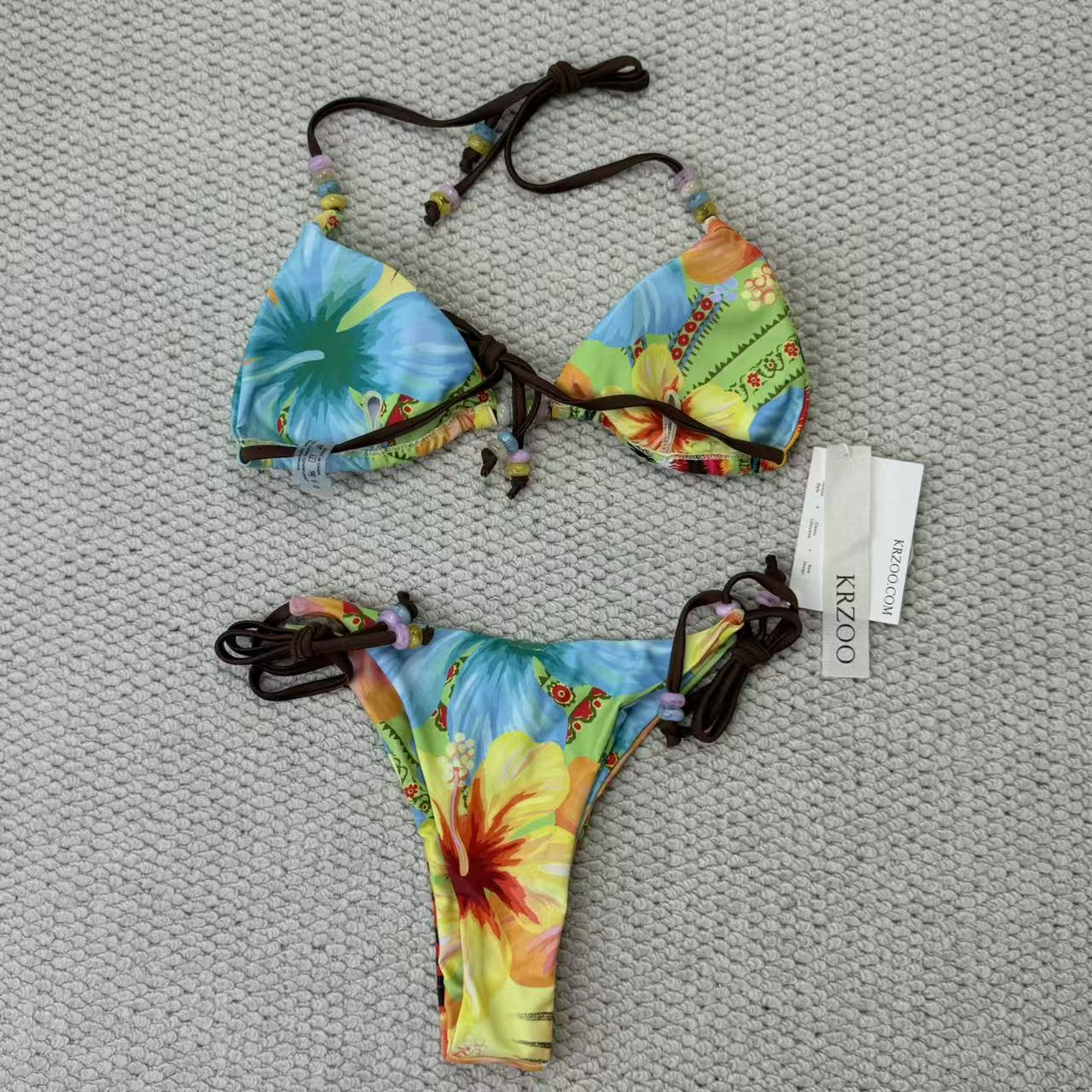 Tropical flower print beaded strapless bikini