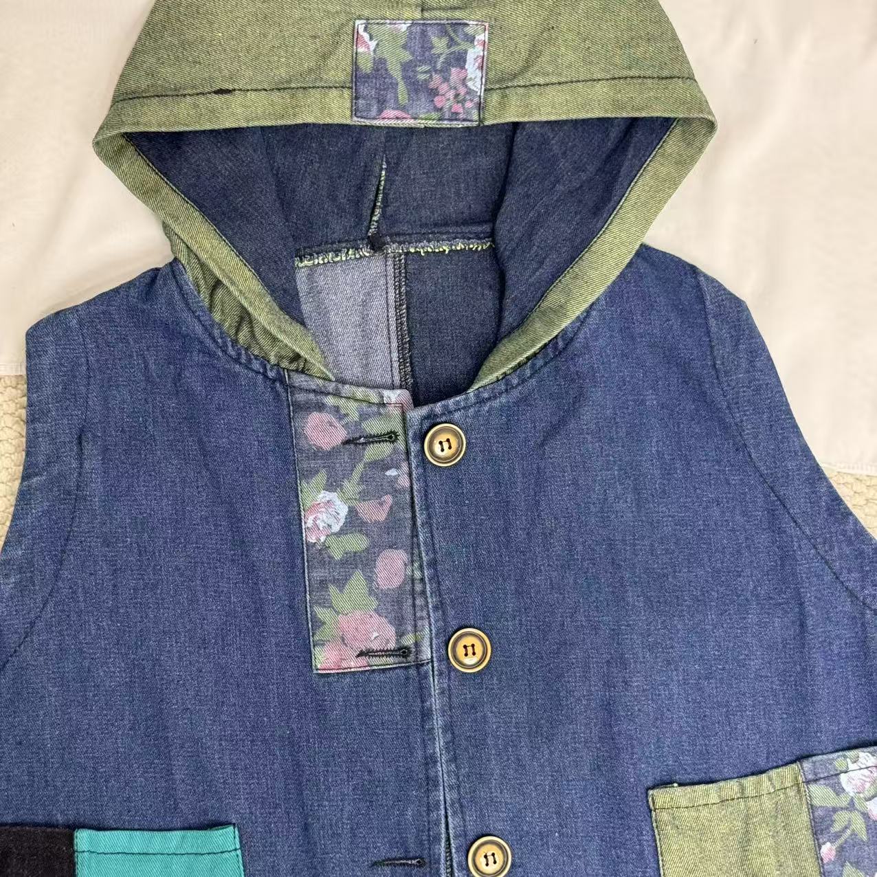 Retro Print Patchwork Denim Vest