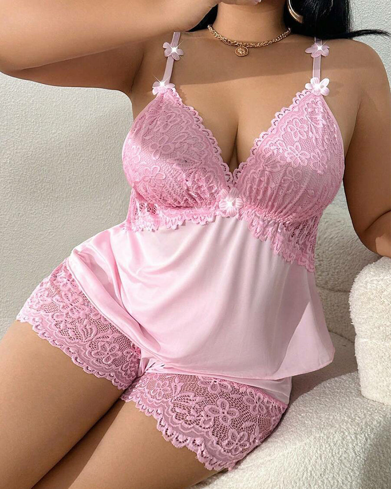 Plus Size Lace Satin Cami Pajama Set â€?Sexy Two-Piece Sleepwear for Women