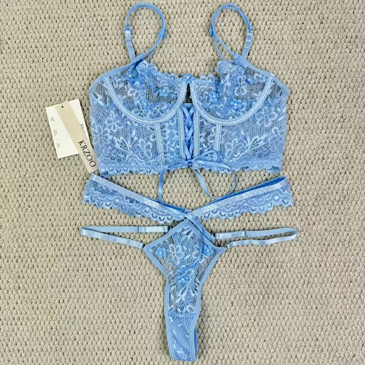 Lace bra with sequins and 3D small flower set