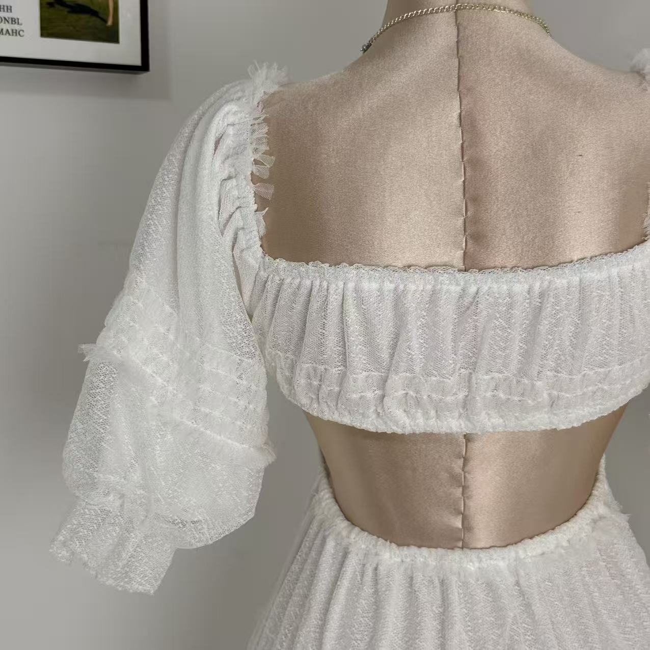 White Lantern Sleeve Suspender Dress