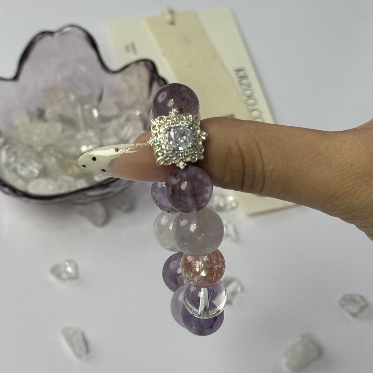 Mixed Purple Crystal Beaded Bracelet, Handmade Natural Stone Bracelet with Zircon Sun Charm