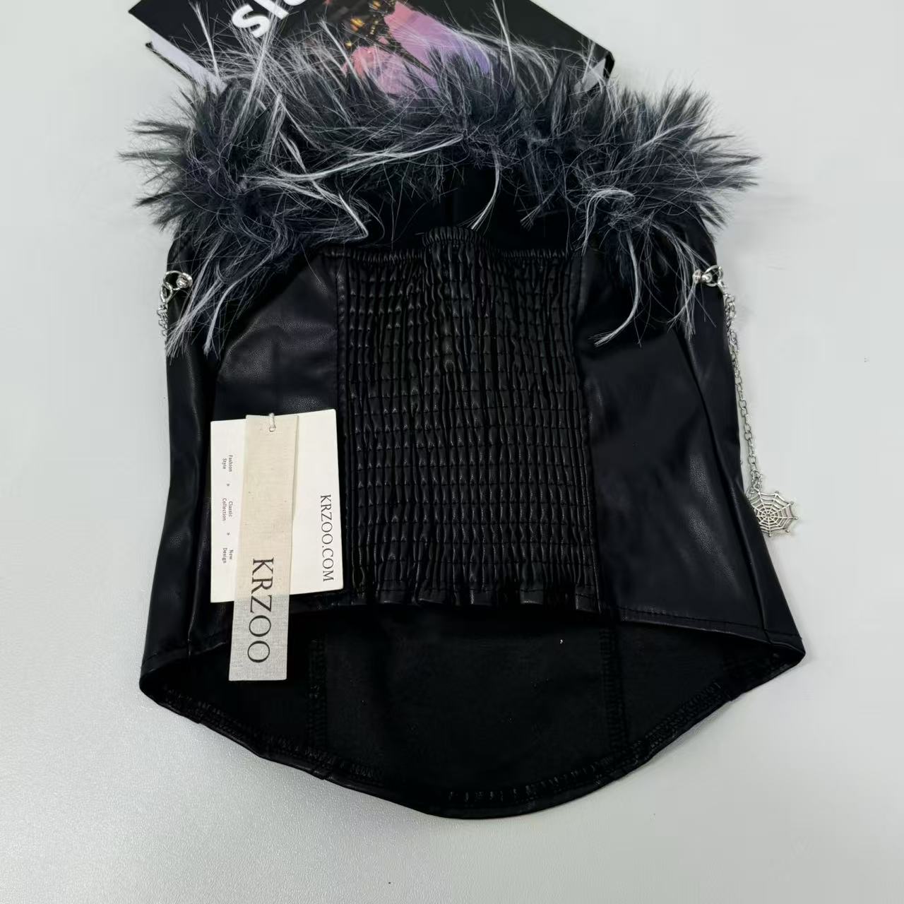 Ruffled PU leather strapless top