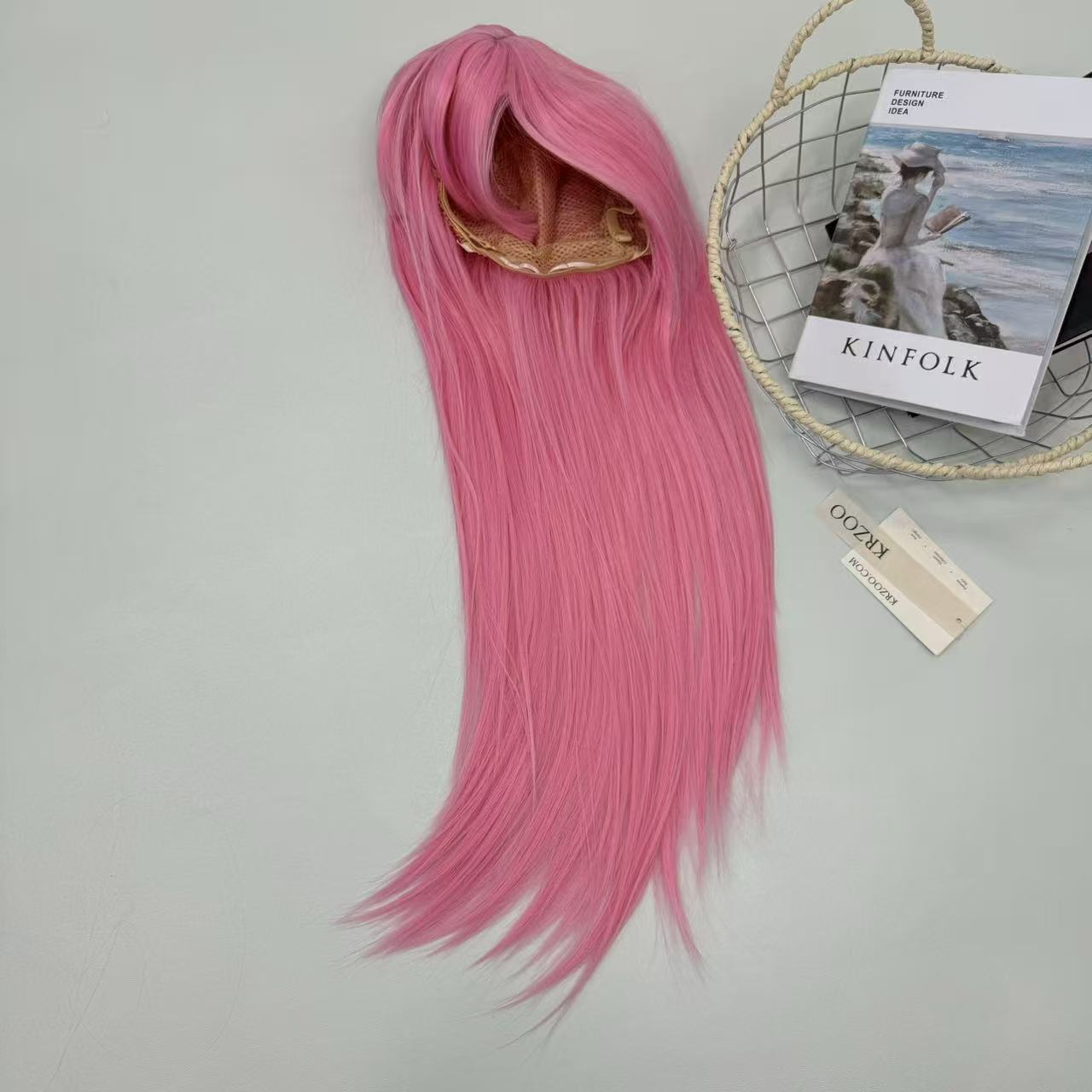 Pink long hair air-pressed fringe wig headgear
