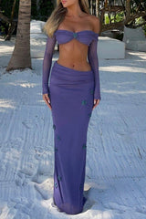 Off Shoulder Crop Top 3D Flower Fitted Maxi Skirt 2pcs Set Purple