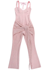 Ruched Tie Up Streamer Flared Leg Lace Cami Jumpsuit-Pink