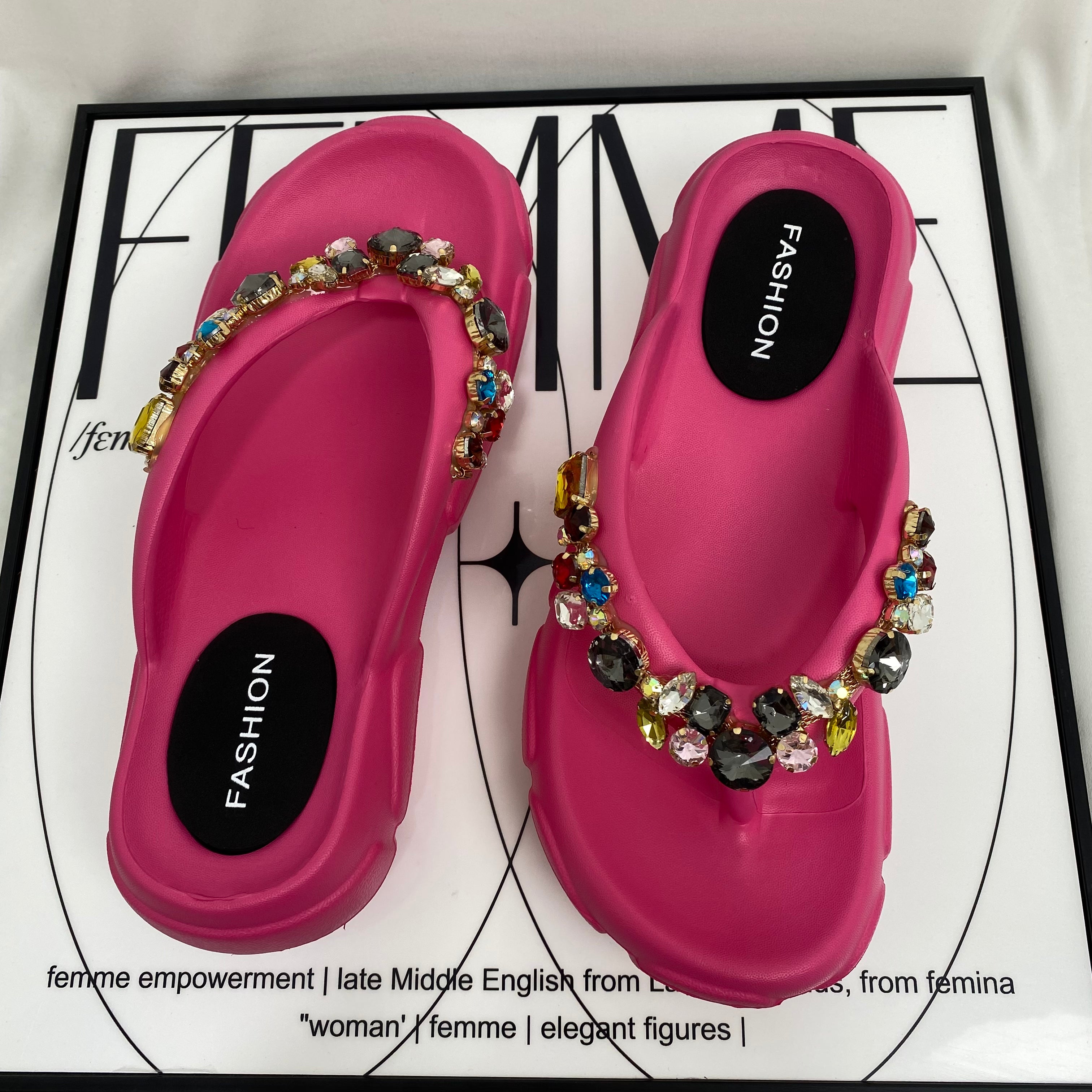 Thick-Soled Rhinestone Flip-Flops