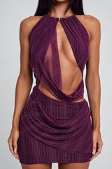 Pinstripe Cutout Halter Top Layered Mini Skirt 2pcs Set-Purple Pre Order