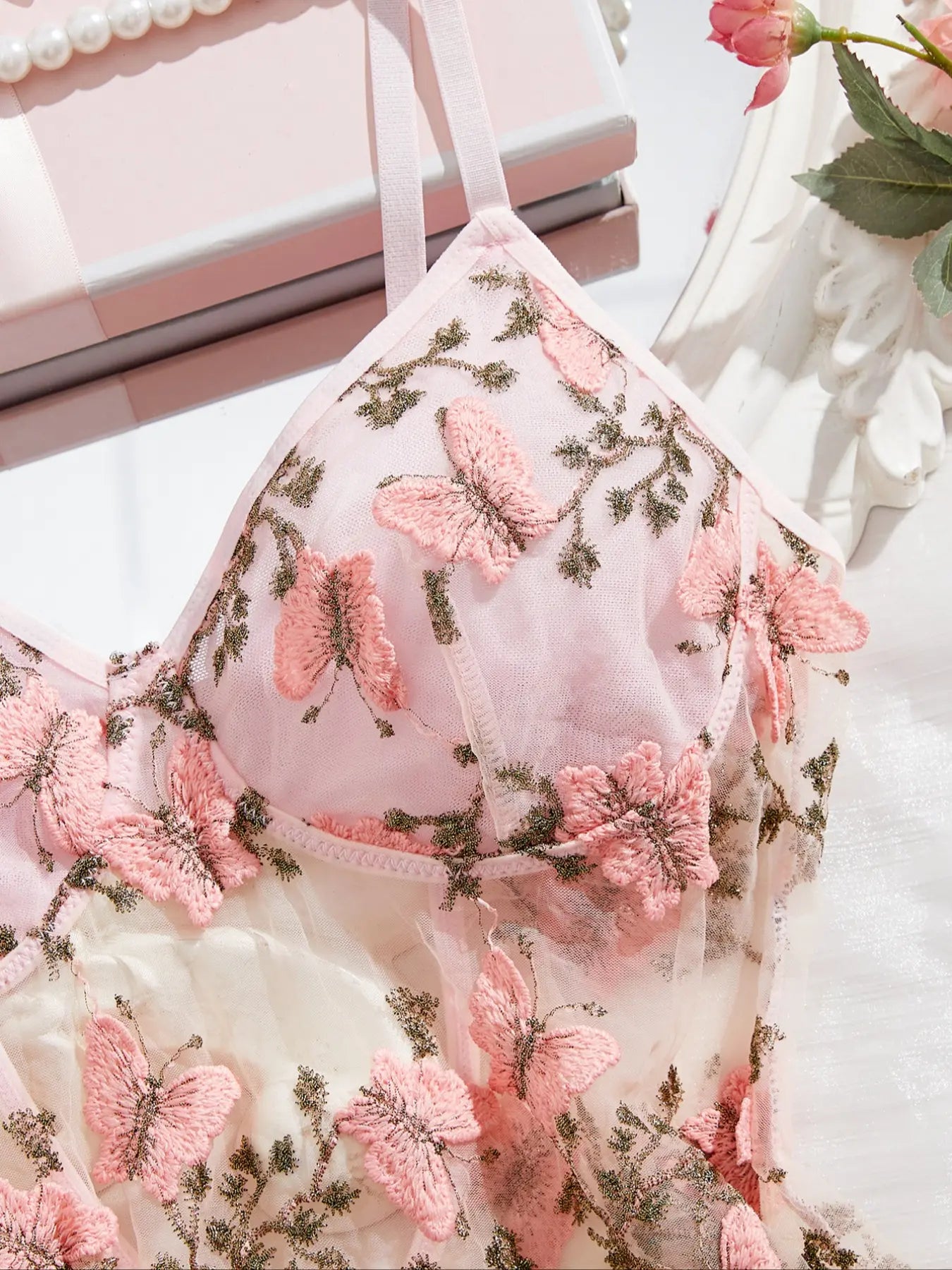 Lavender Muse Butterfly Embroidered Camisole Dress Set