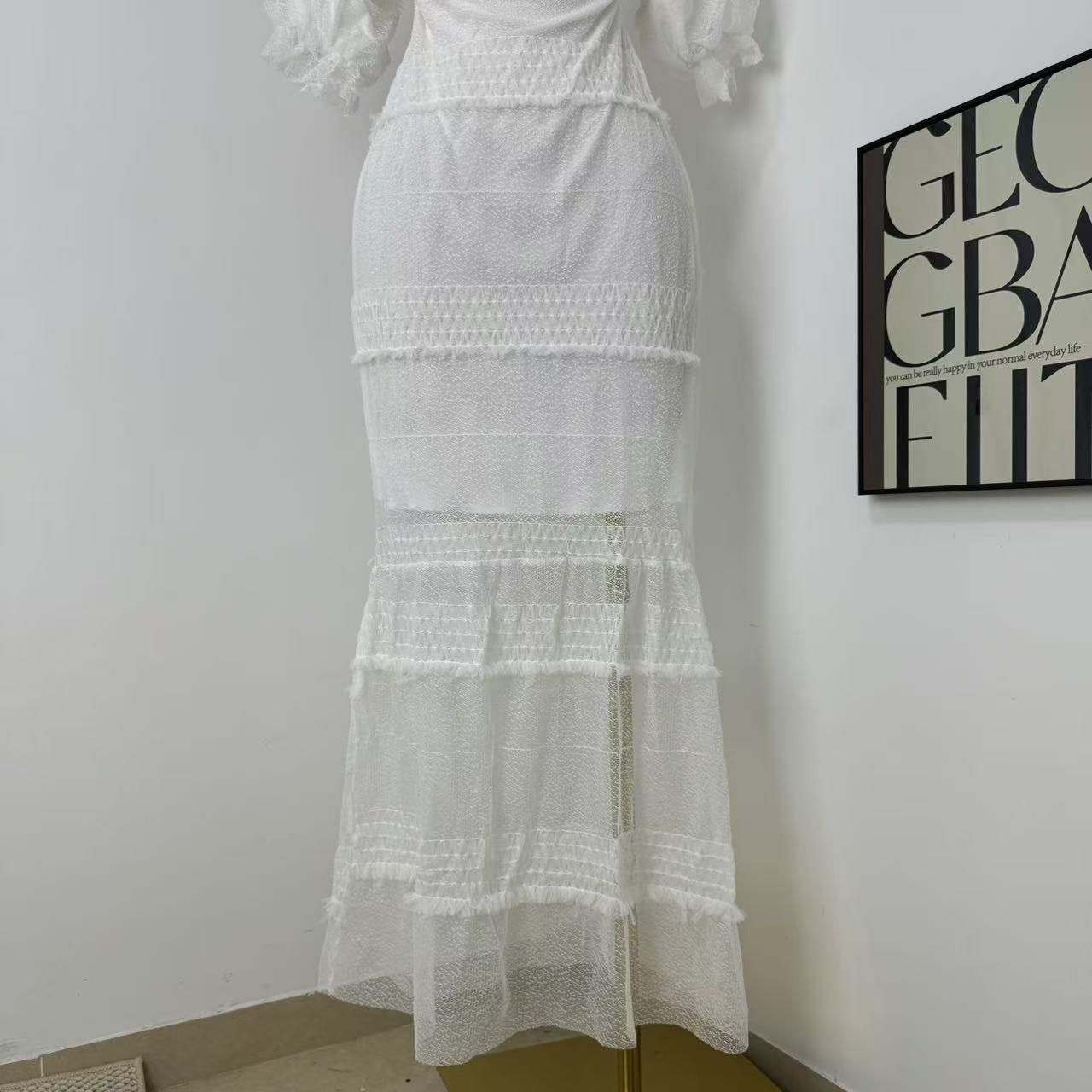 White Lantern Sleeve Suspender Dress