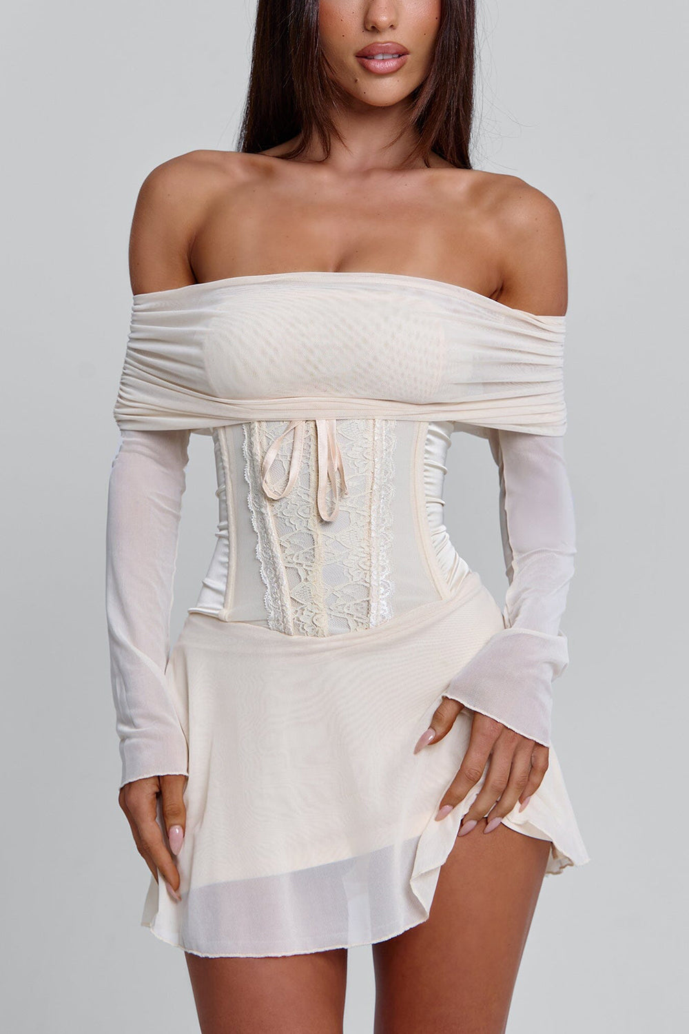 Off Shoulder Long Sleeve Cinch Waist Mesh Mini Dresses-White Pre Order