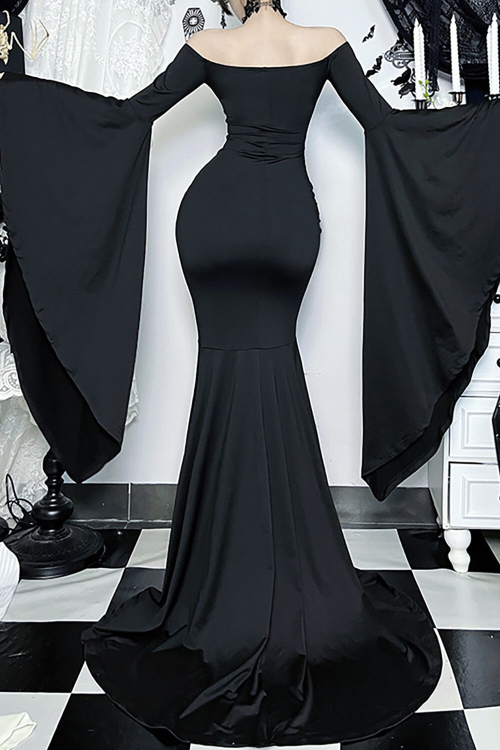 Off Shoulder Bell Sleeve Fitted Mermaid Gowns Maxi Dresses-Black