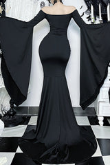 Off Shoulder Bell Sleeve Fitted Mermaid Gowns Maxi Dresses-Black