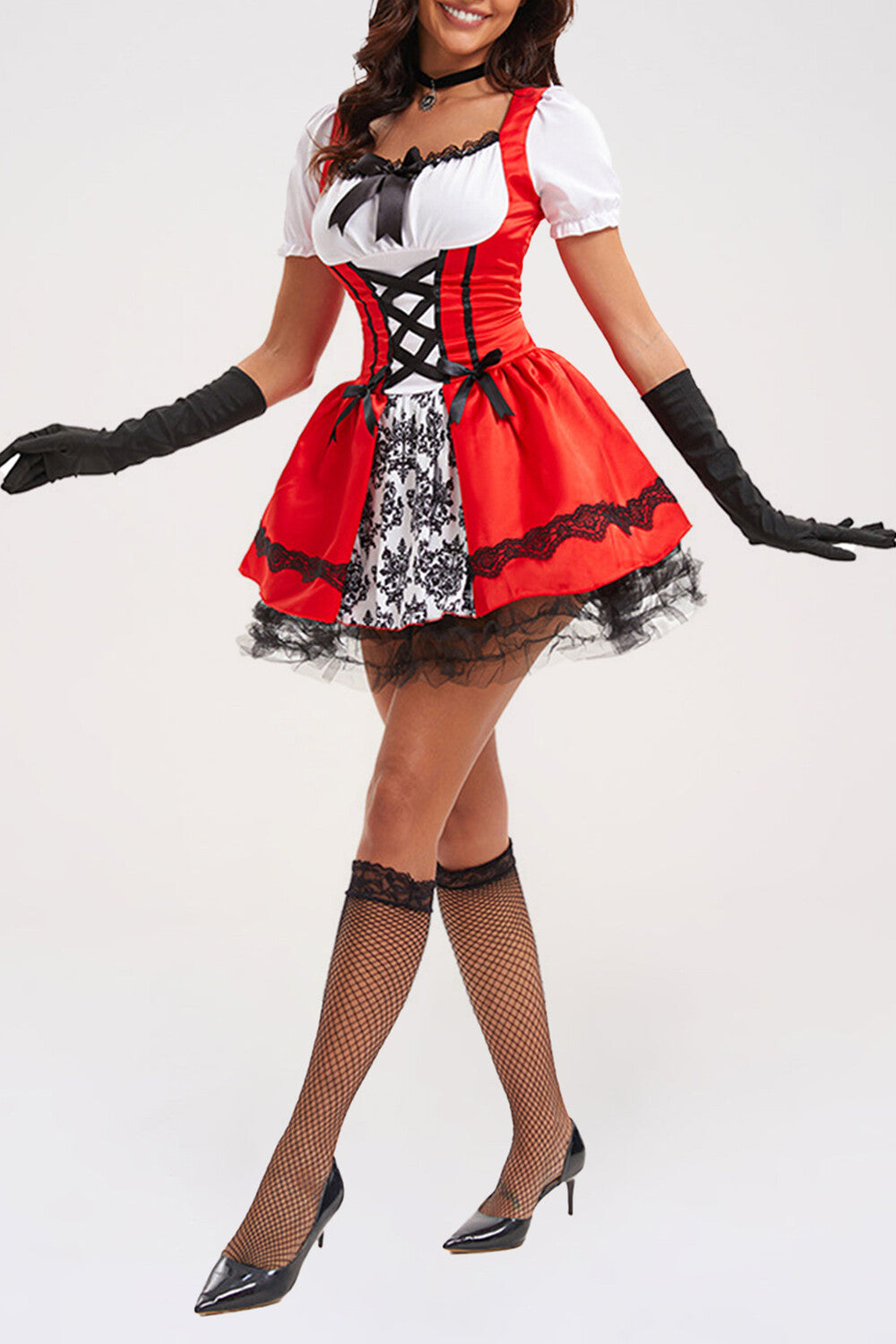 Lace Up Cinch Waist Colorblock Mini Dresses Hooded Shawl Halloween Set-Red