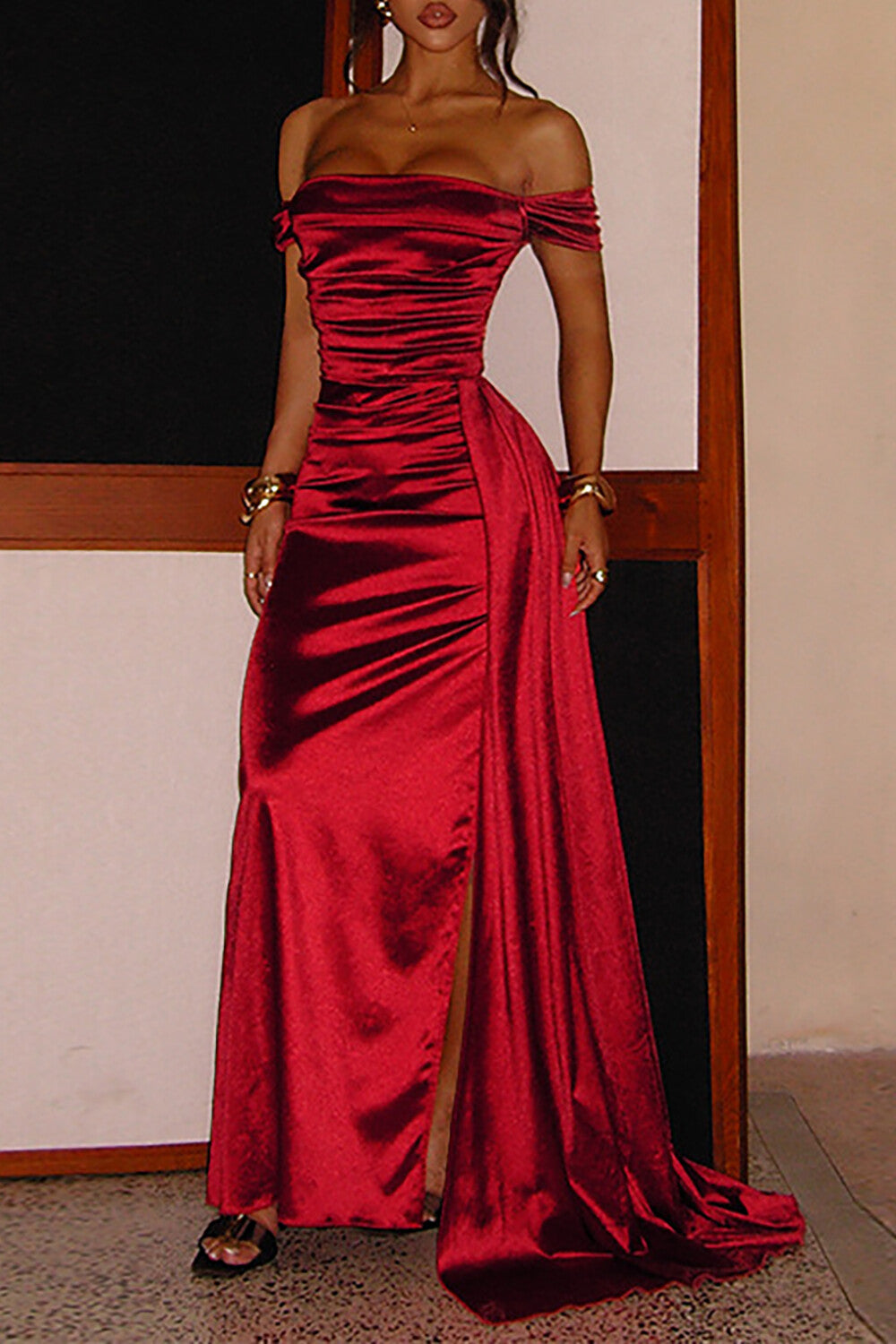 Off Shoulder Ruched Cinch Waist Bodycon Satin Slit Gowns Maxi Dresses-Red