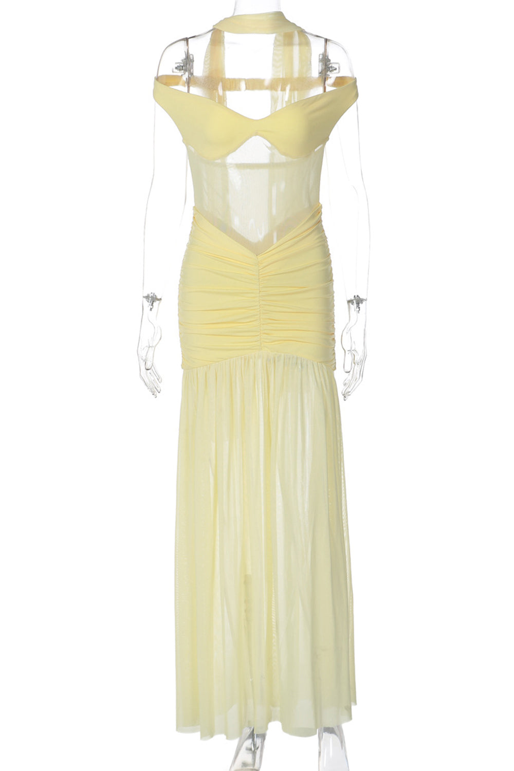 Off Shoulder See-Through Mesh Ruched Split Maxi Dresses-Black