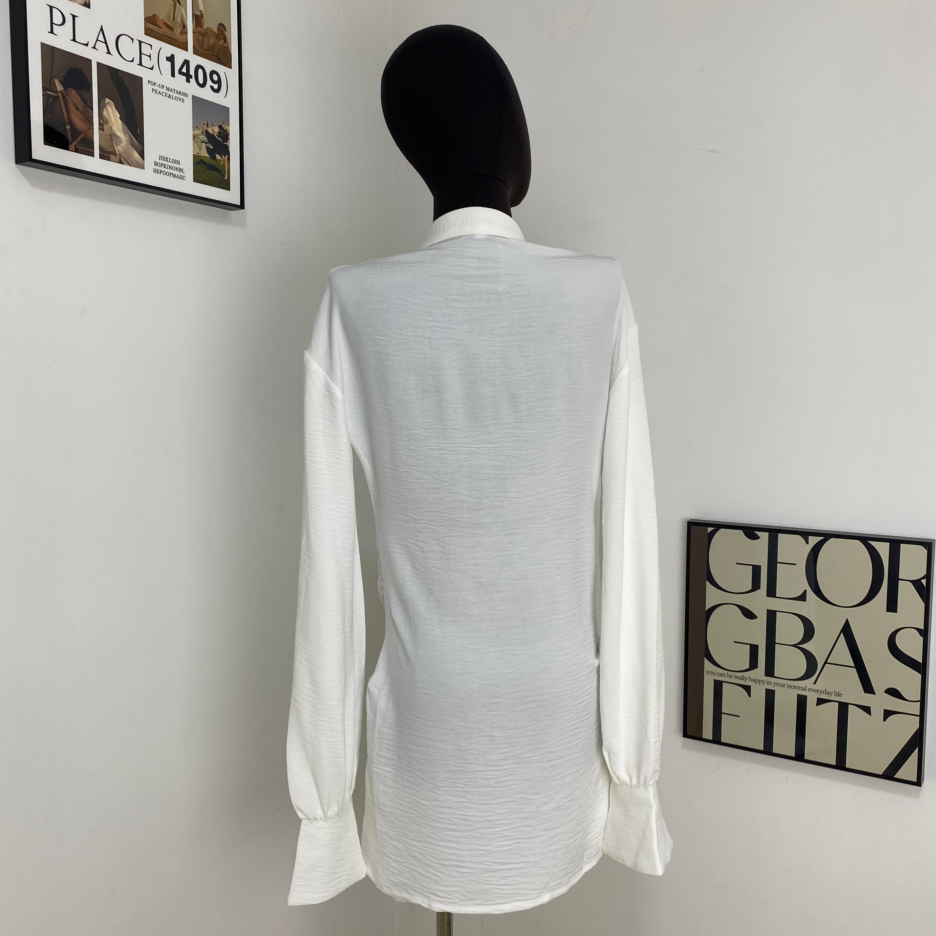 White Shirt And Deep V-Neck Dress