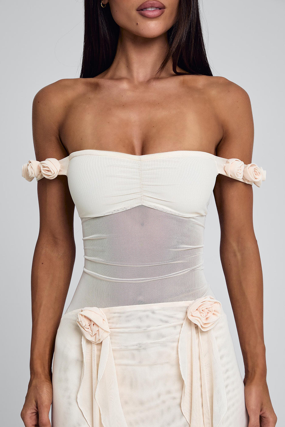 Off Shoulder Mesh Patchwork Rosette Ruffle Maxi Dresses-Beige Pre Order